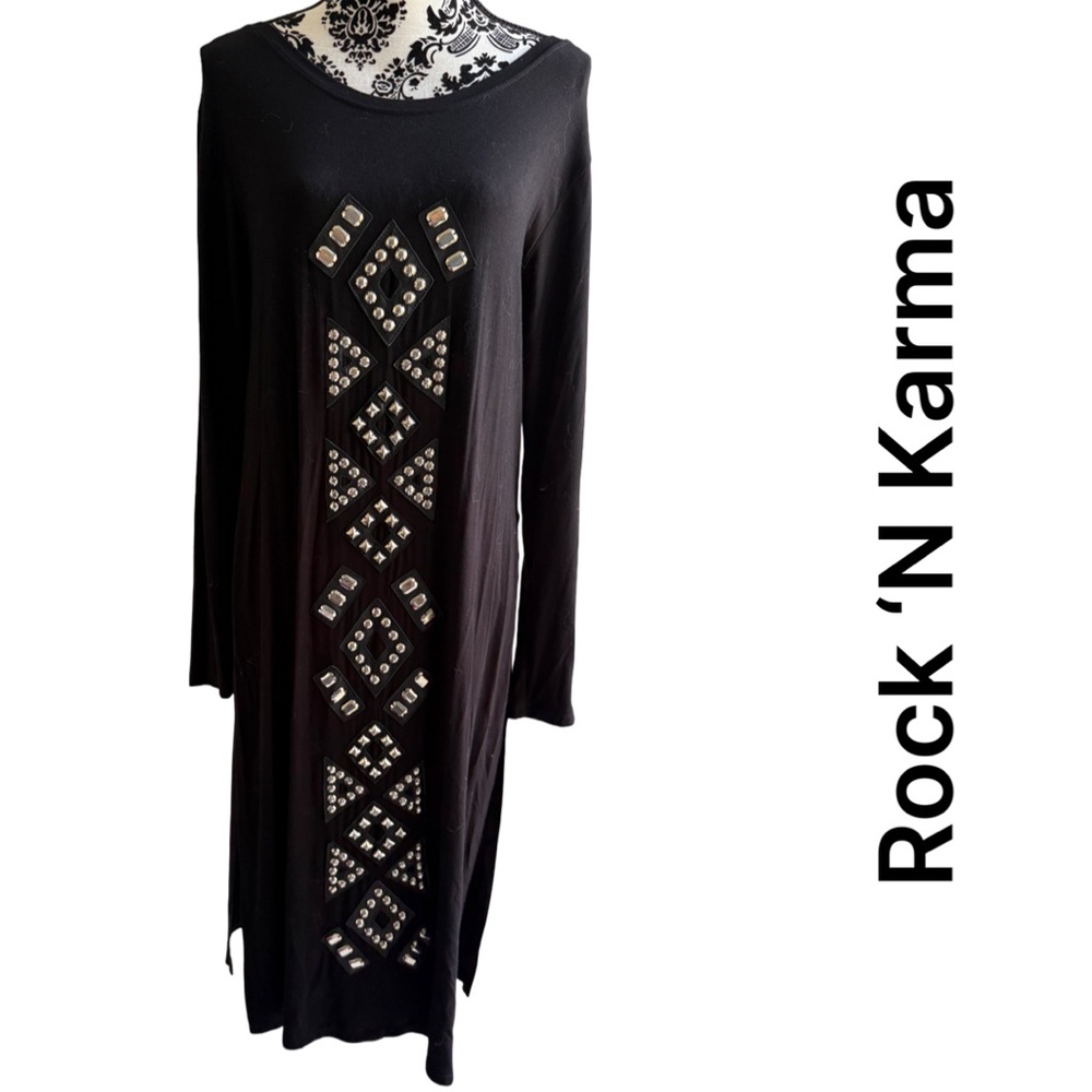 Rock ‘N Karma long sleeve tunic dress with metallic look beaded design size XL